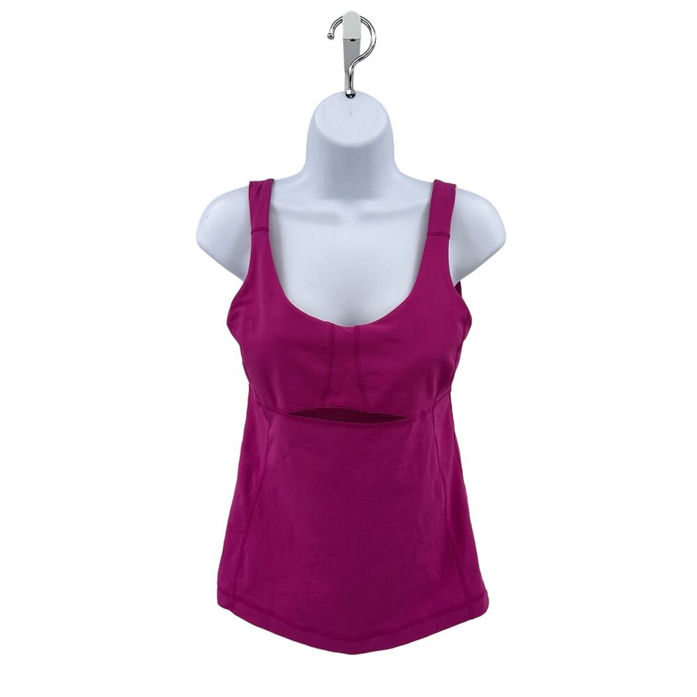 Lululemon Fuchsia Tank Built In Bra WMNS M Scoop Neck Sleeveless Mesh Cutout Top